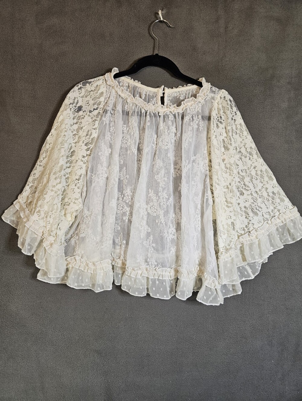 Womens Large Croquet Oversized Cream Shirt Sheer Lace Wide Sleeve Romantic